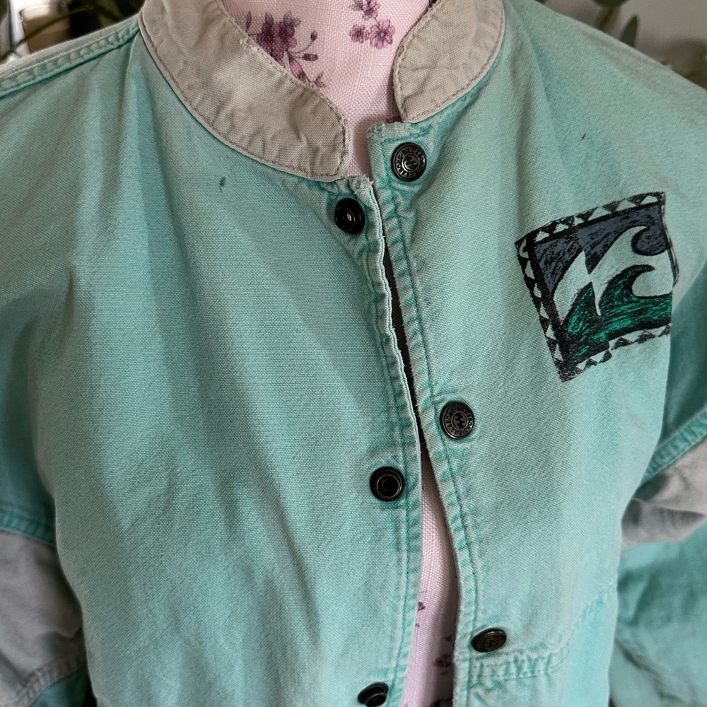 Billabong 90’s Canvas Mint Green and Cream Retro Bomber Jacket - Picture 2 of 7
